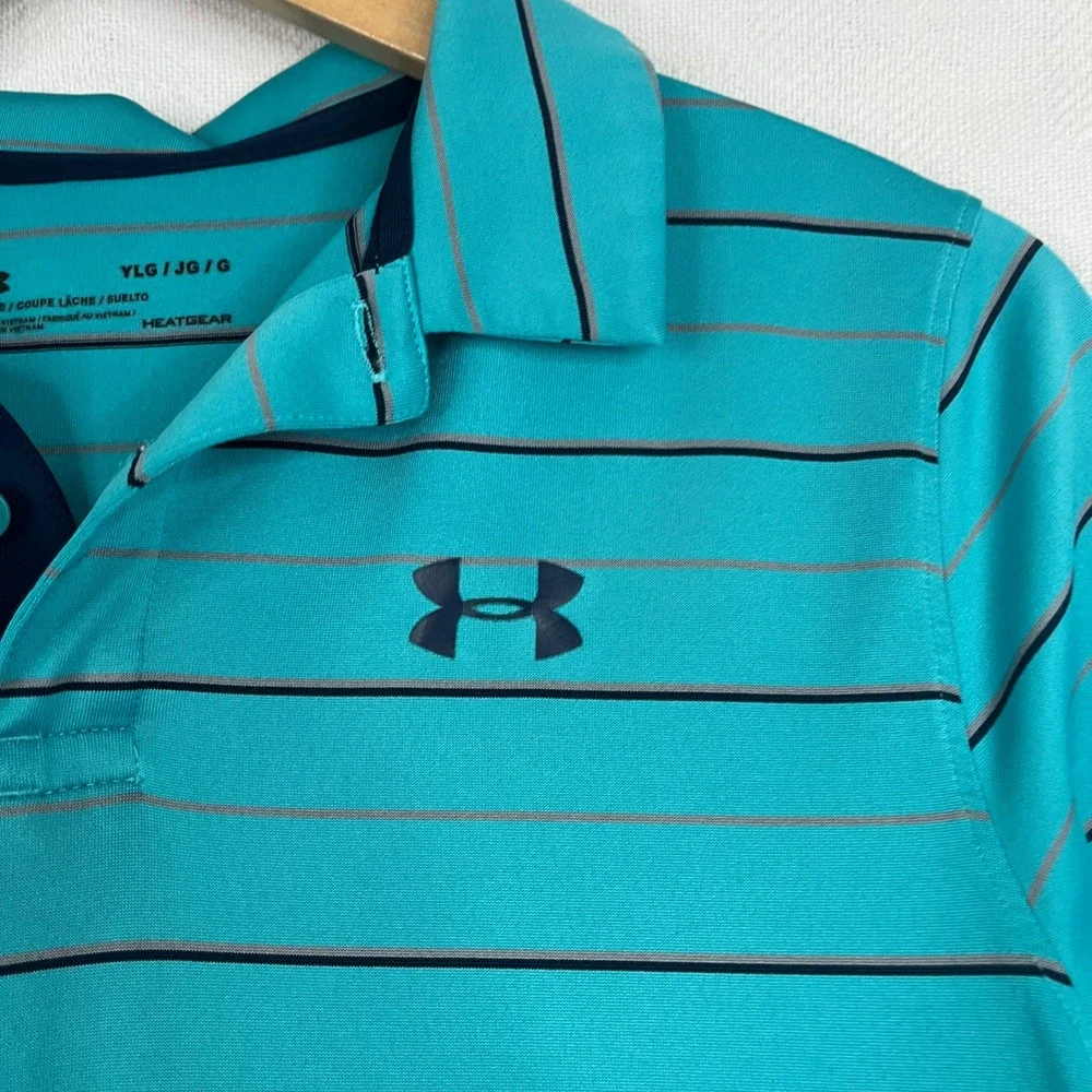 Under Armour Youth Large Teal Blue Striped HeatGear Short Sleeve Polo Shirt